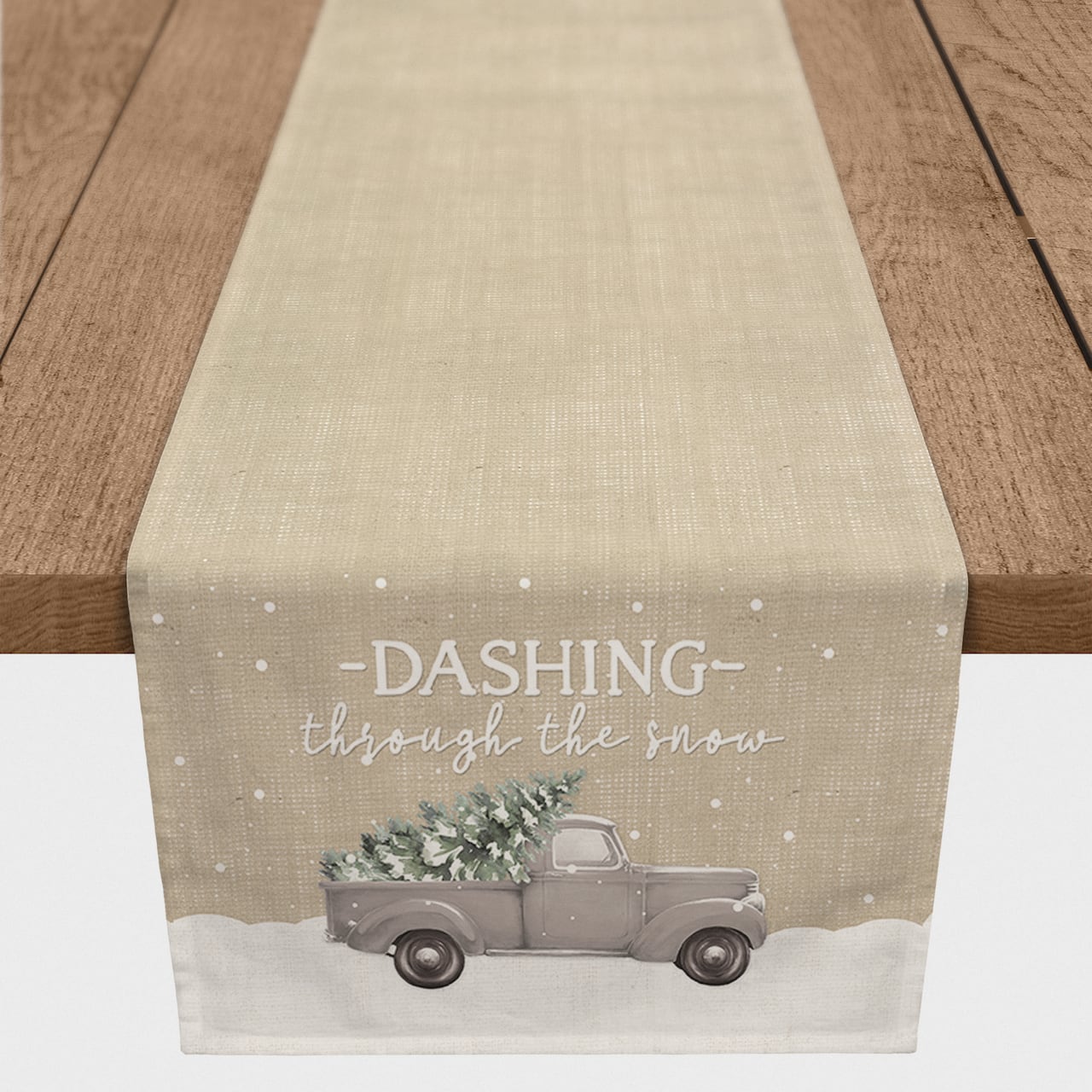 Dashing Through the Snow Painted Tree Truck 16x72 Poly Twill Table Runner